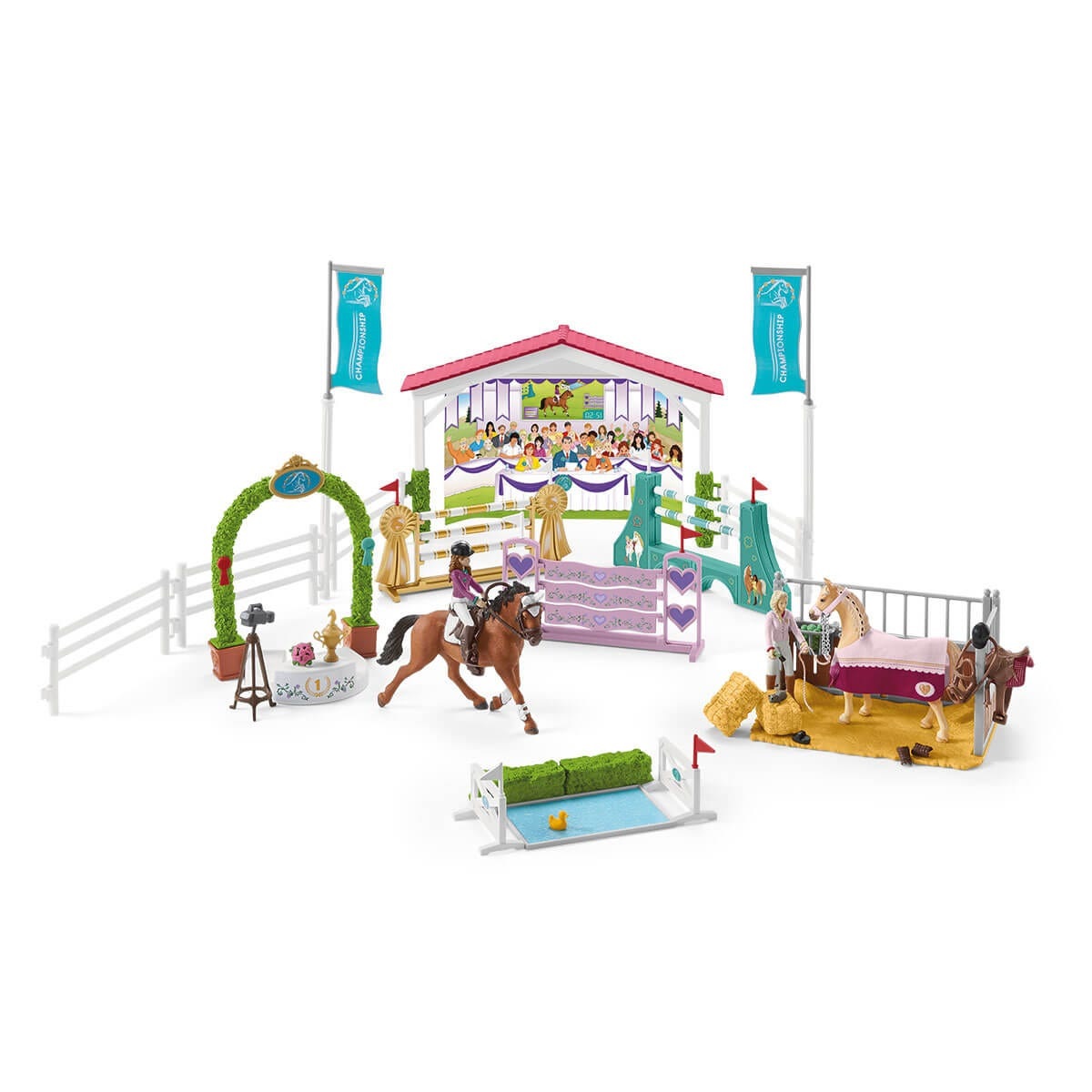 Schleich Horse Club 42440 - Set da gioco con torneo dell'amicizia, 2 personaggi, 2 cavalli, recinto, box cavalli, 4 ostacoli e punto premiazione
