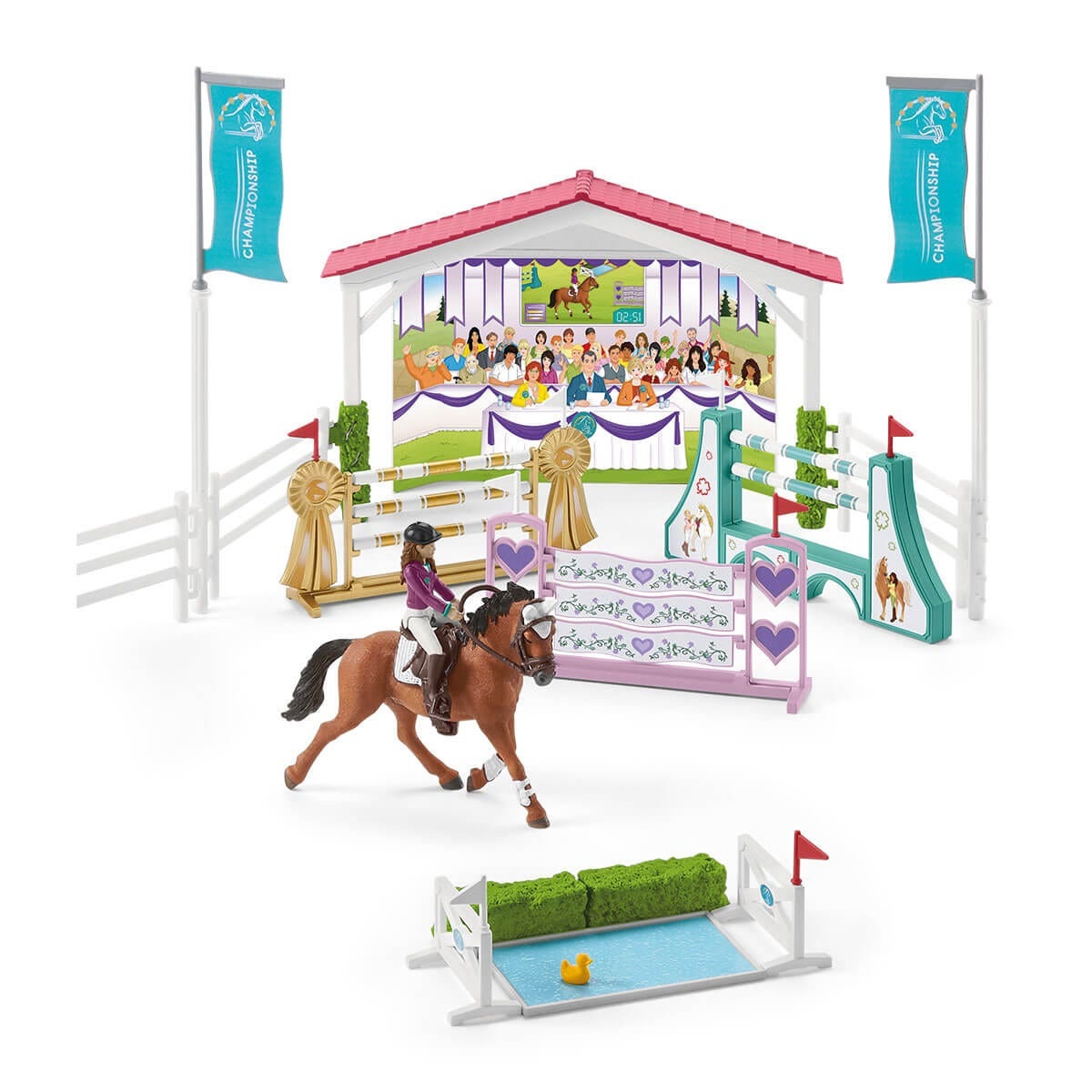 Schleich Horse Club 42440 - Set da gioco con torneo dell'amicizia, 2 personaggi, 2 cavalli, recinto, box cavalli, 4 ostacoli e punto premiazione