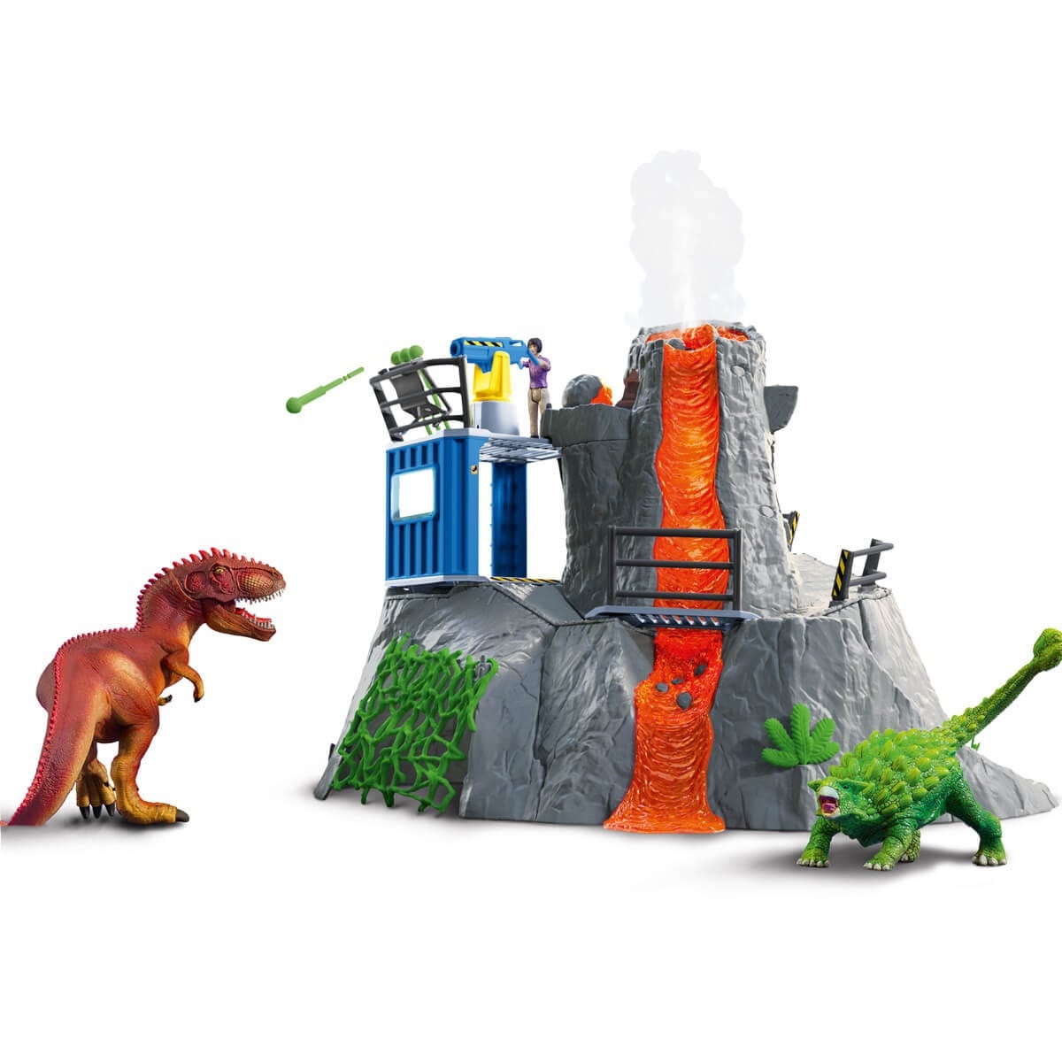 Schleich Dinosaurs 42564 - Set di Giocattoli con Vulcano LED, Funzione di Scoppio, Figura Ricercatrice e 2 Dinosauri, Età 5-12 Anni
