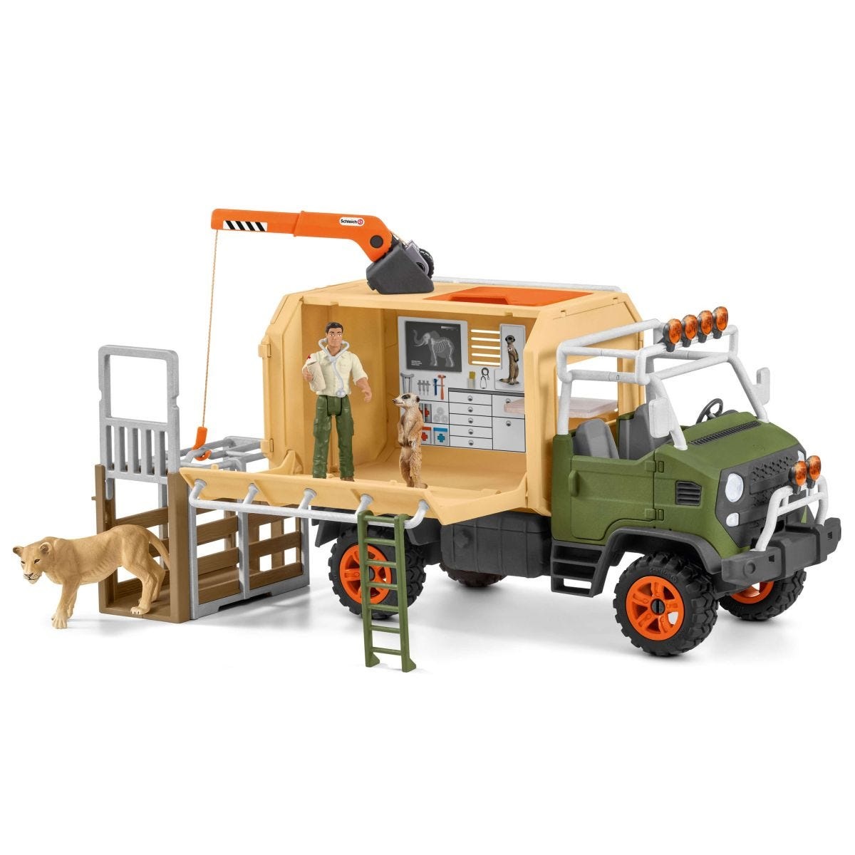 Schleich WILD LIFE 42475 - Grande Camion di Salvataggio Animali con Leone, Suricato e Ranger Snodabile - Set di Gioco con 45 Pezzi per Bambini dai 3 Anni
