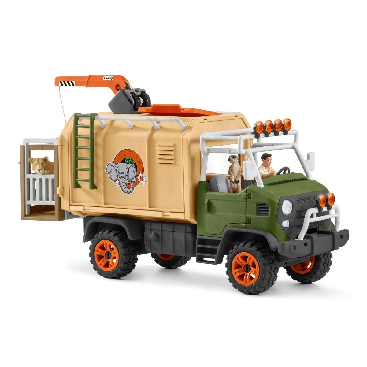 Schleich WILD LIFE 42475 - Grande Camion di Salvataggio Animali con Leone, Suricato e Ranger Snodabile - Set di Gioco con 45 Pezzi per Bambini dai 3 Anni
