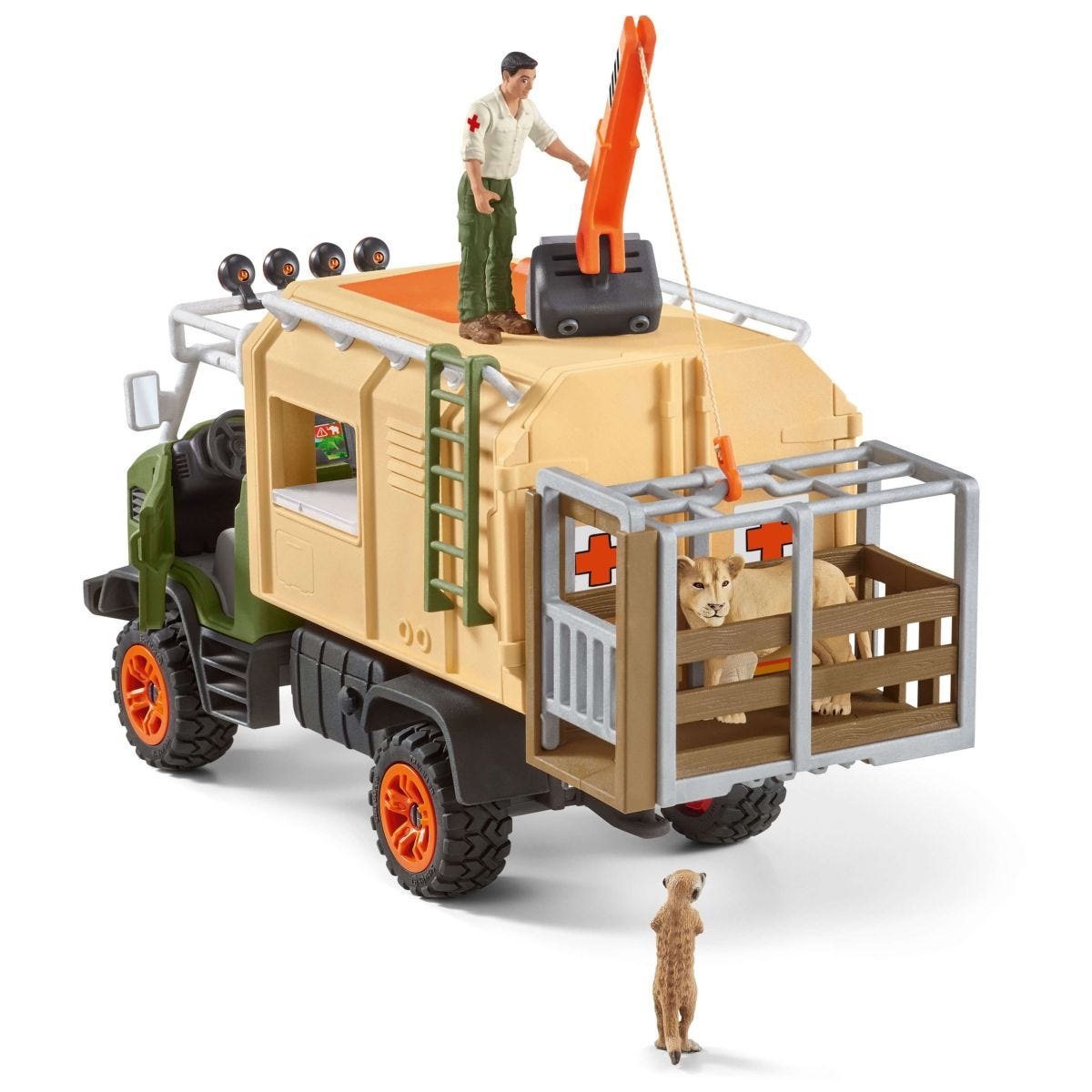 Schleich WILD LIFE 42475 - Grande Camion di Salvataggio Animali con Leone, Suricato e Ranger Snodabile - Set di Gioco con 45 Pezzi per Bambini dai 3 Anni