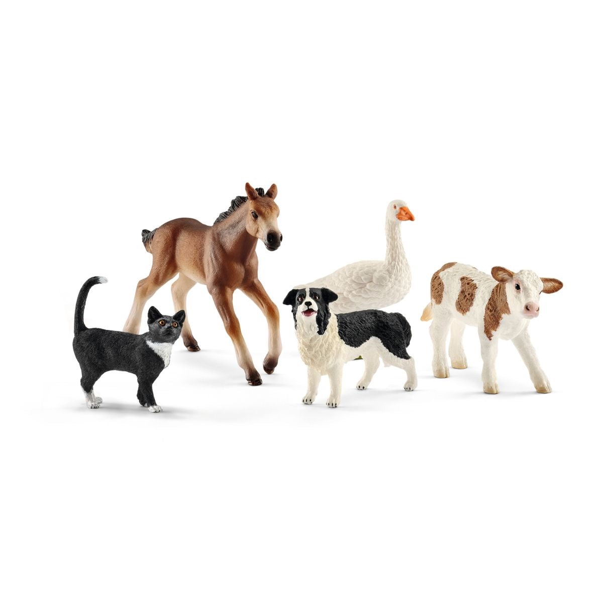 Schleich Farm World 42386 Bundle Animali della Fattoria - Set con Vitello, Puledro Mustang, Gatto, Cane Border Collie e Oca - 5 Pezzi per Bambini dai 3 Anni