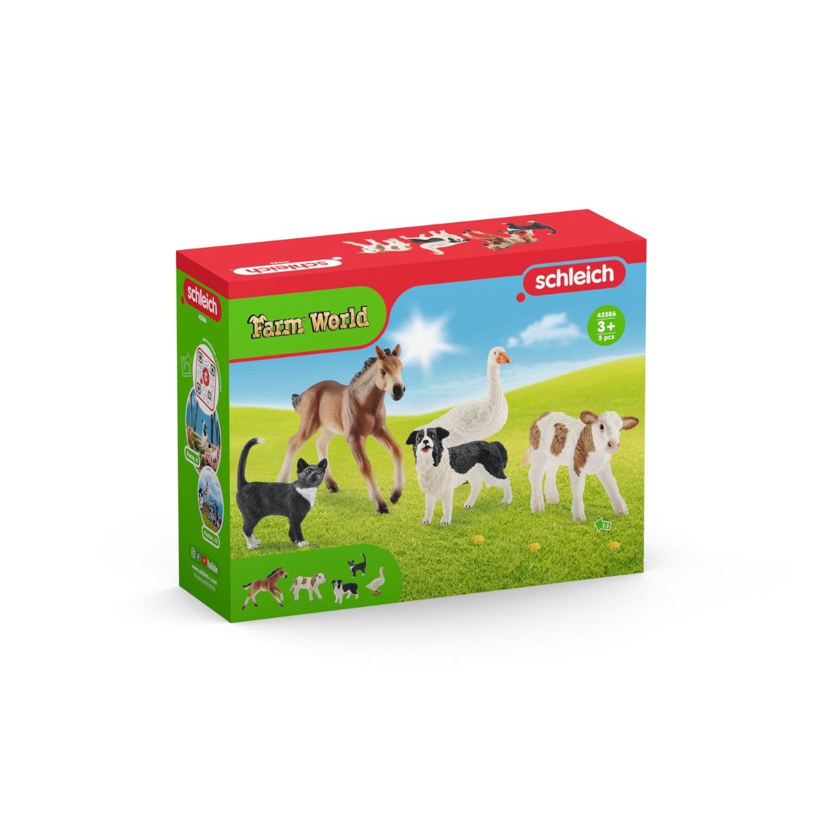 Schleich Farm World 42386 Bundle Animali della Fattoria - Set con Vitello, Puledro Mustang, Gatto, Cane Border Collie e Oca - 5 Pezzi per Bambini dai 3 Anni