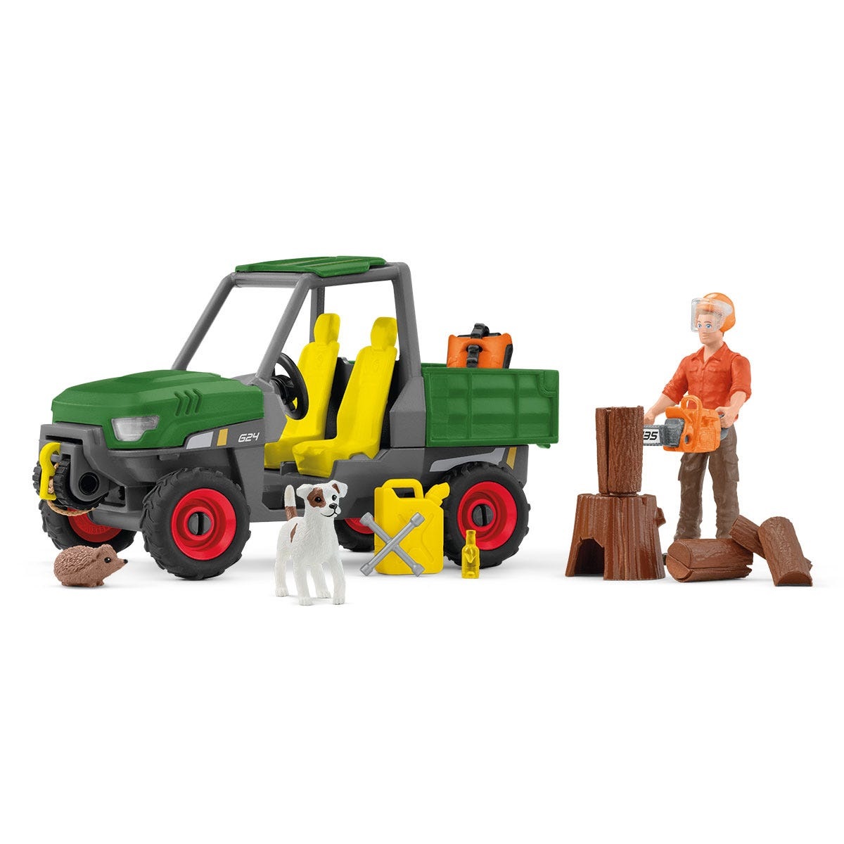 Schleich 42659 Farm World - Playset Lavoro nei Boschi con Veicolo 4x4, Motosega e 49 Pezzi, da 3 Anni