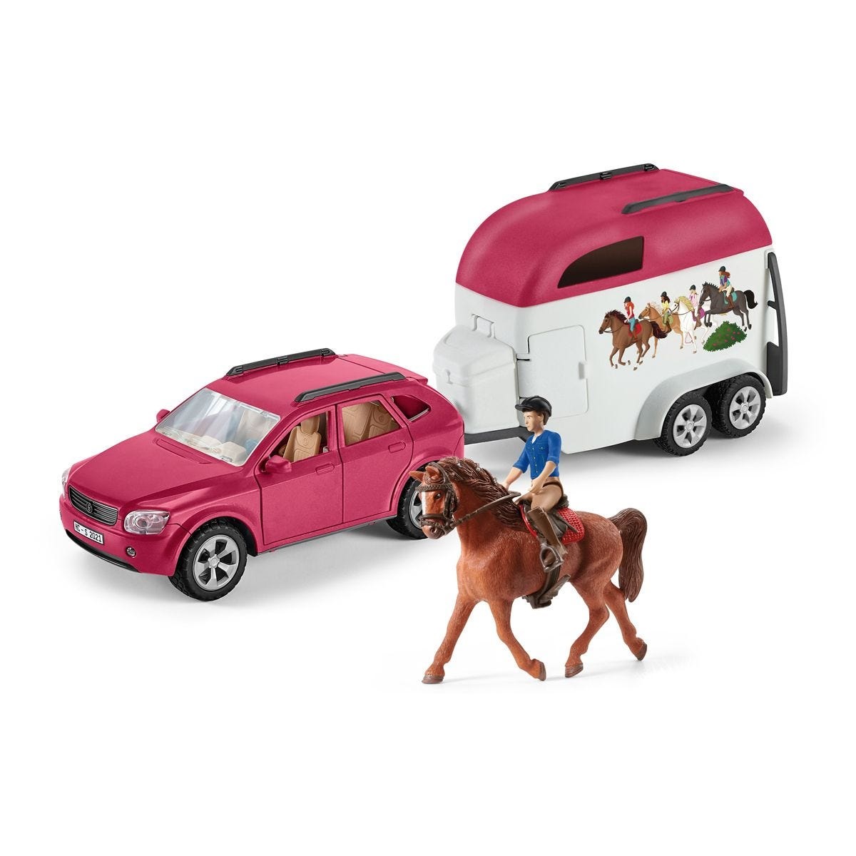 Schleich HORSE CLUB Auto con Rimorchio per Cavalli - Set Gioco con 1 Cavallo Inclusa e Figure Mobili