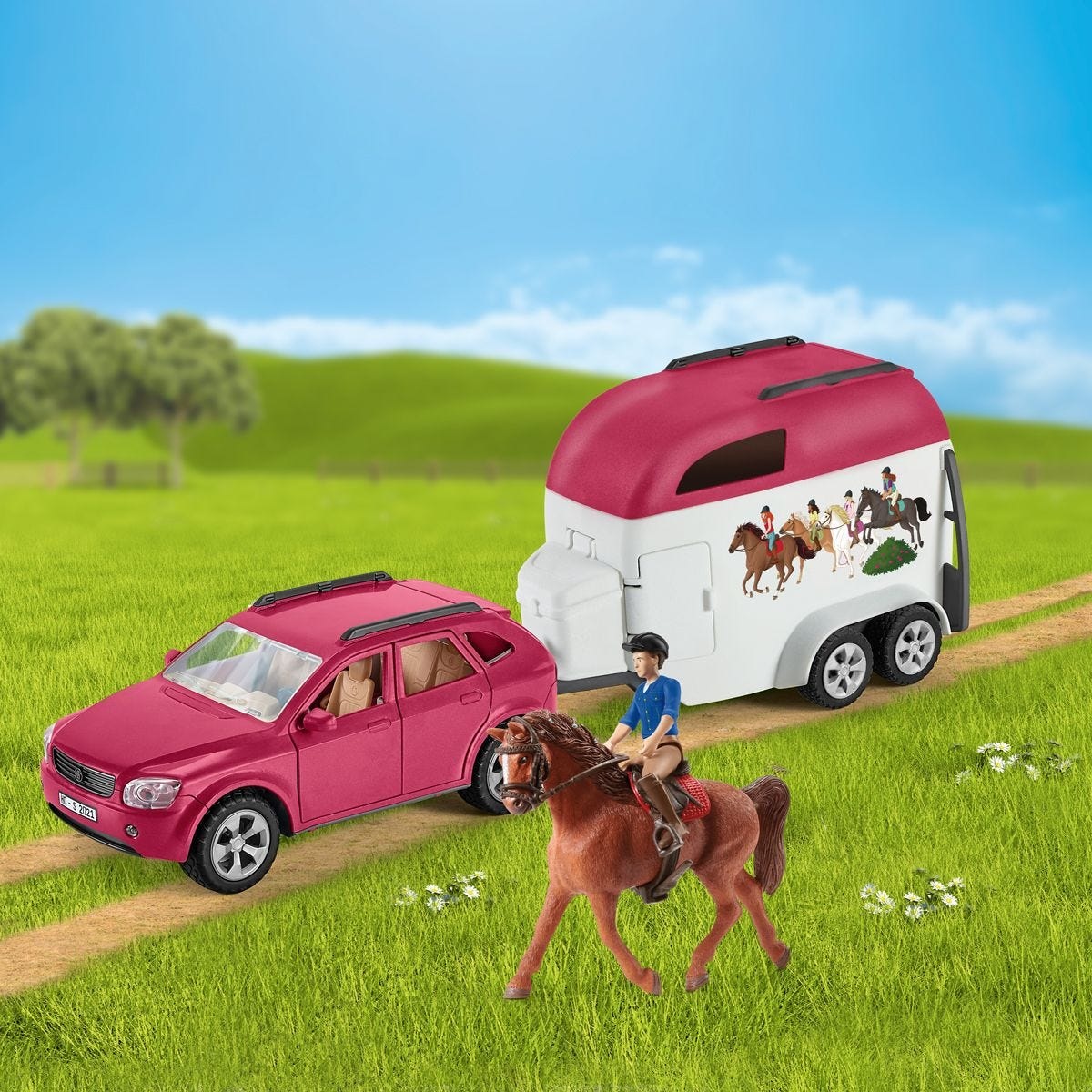 Schleich HORSE CLUB Auto con Rimorchio per Cavalli - Set Gioco con 1 Cavallo Inclusa e Figure Mobili