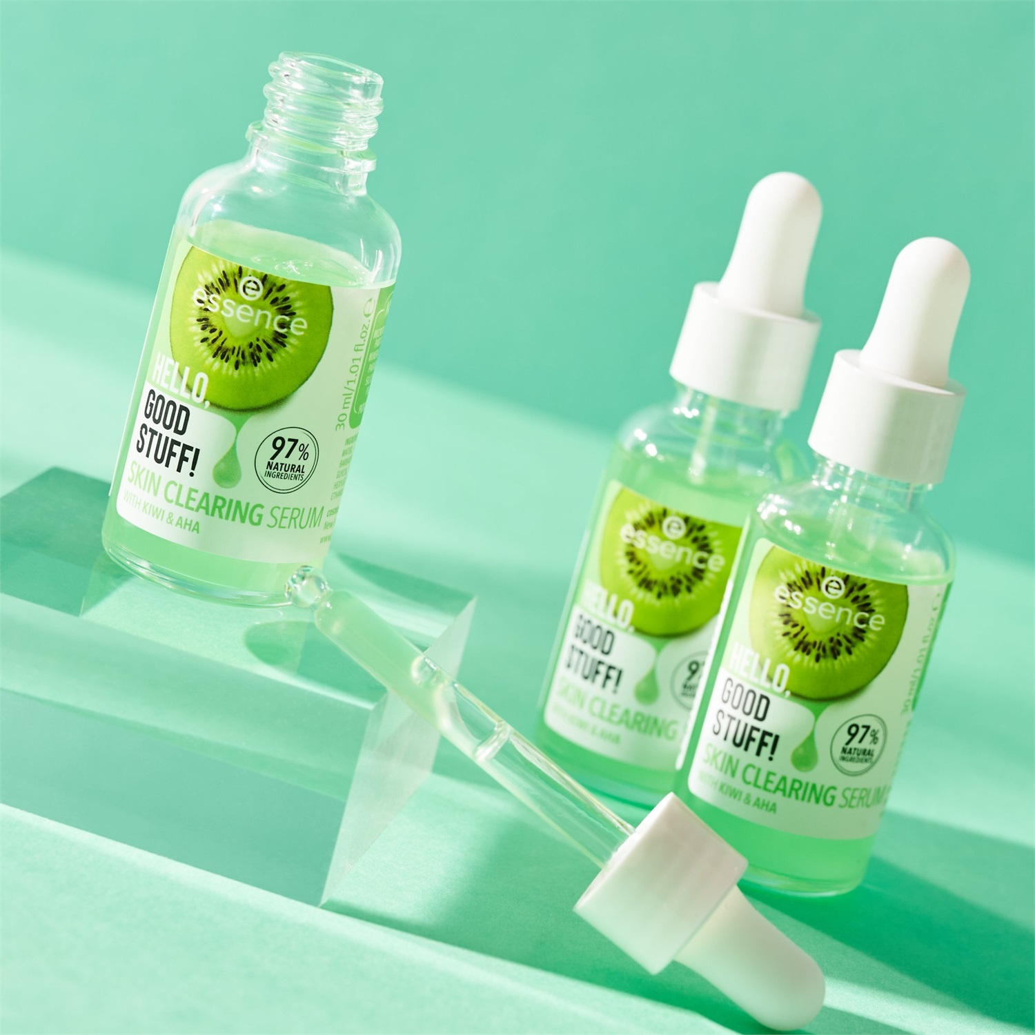 Essence Hello, Good Stuff! Skin Clearing Serum Siero Viso 30 ml - Esfoliante Delicato con AHA, Acqua di Kiwi e Pantenolo