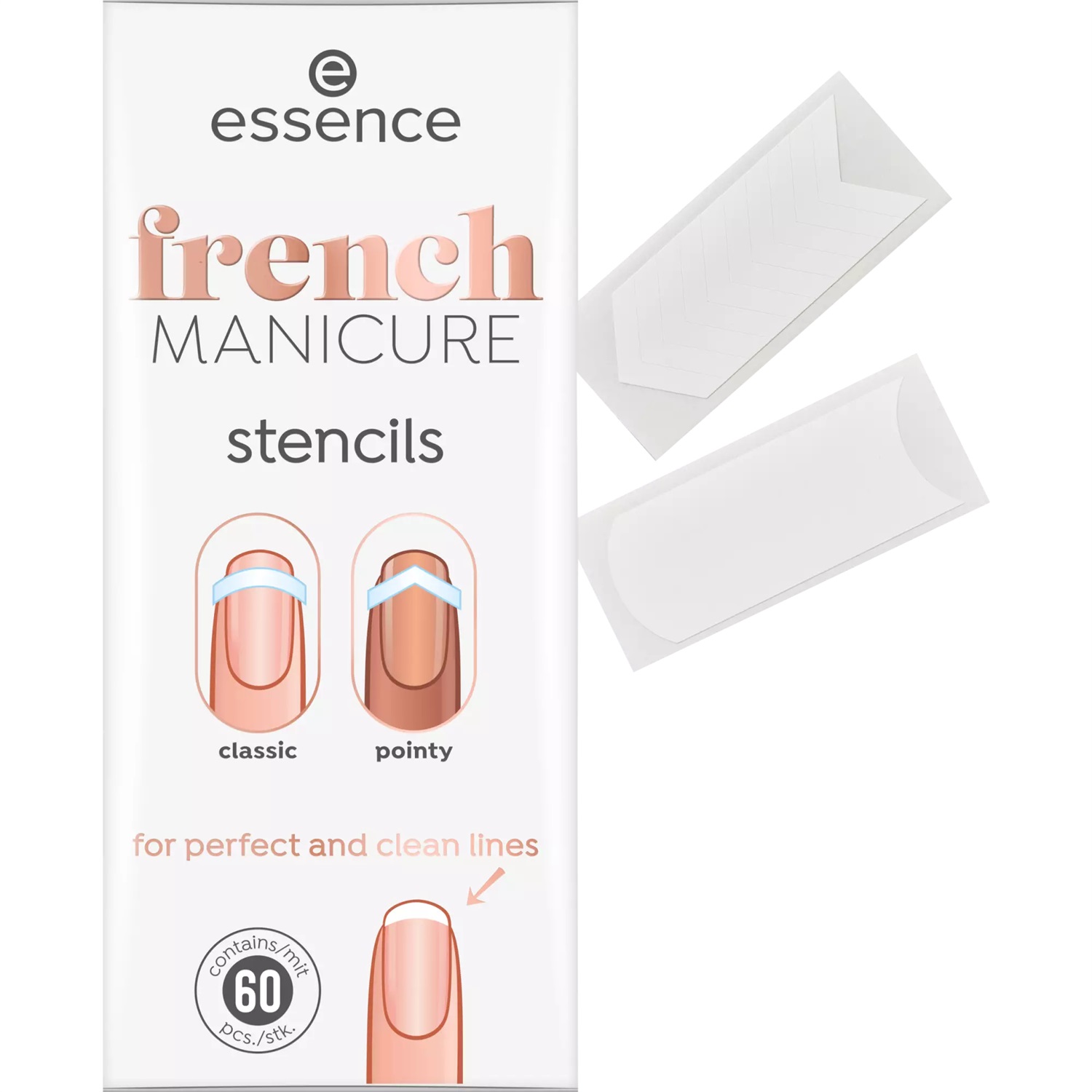 Essence French Manicure Stencils 60 Pezzi - Sagome a Mezzaluna e Appuntite per Unghie Perfette