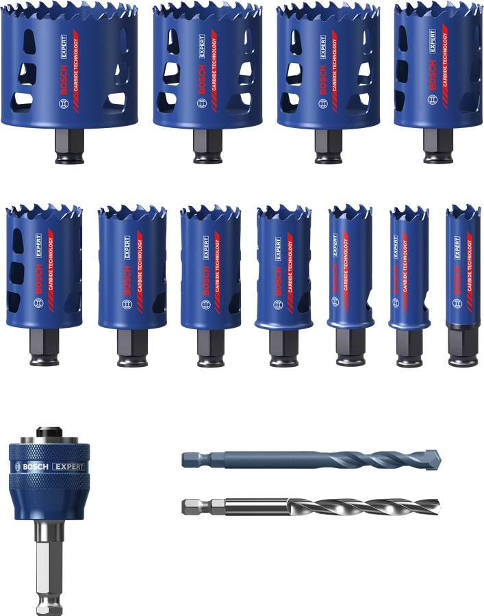 Bosch Set di Seghe a Tazza Expert Tough Material 14 pz - Adatto per Trapano, Diametro 7,6 cm, 11 Seghe a Tazza
