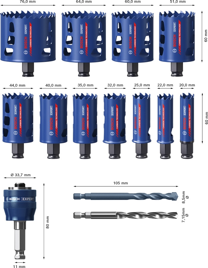 Bosch Set di Seghe a Tazza Expert Tough Material 14 pz - Adatto per Trapano, Diametro 7,6 cm, 11 Seghe a Tazza