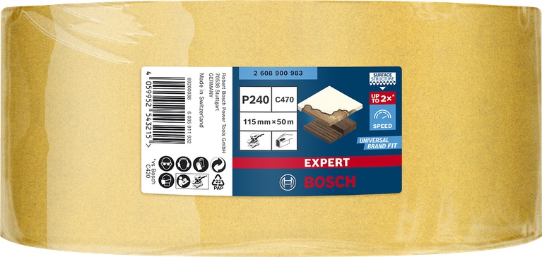 Bosch Expert C470 - Carta abrasiva in rotoli 115 mm x 50 m, Grana 240 per Legno duro e Vernice, Levigatura manuale