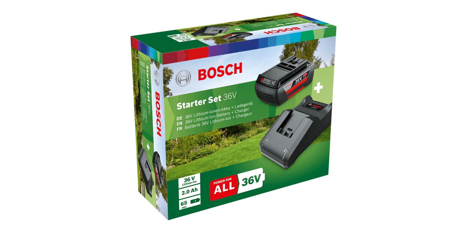 Bosch Kit Batteria 2,0 Ah Caricabatterie AL 36V-20 - Compatibile con Utensili Elettrici da Giardinaggio 36 V