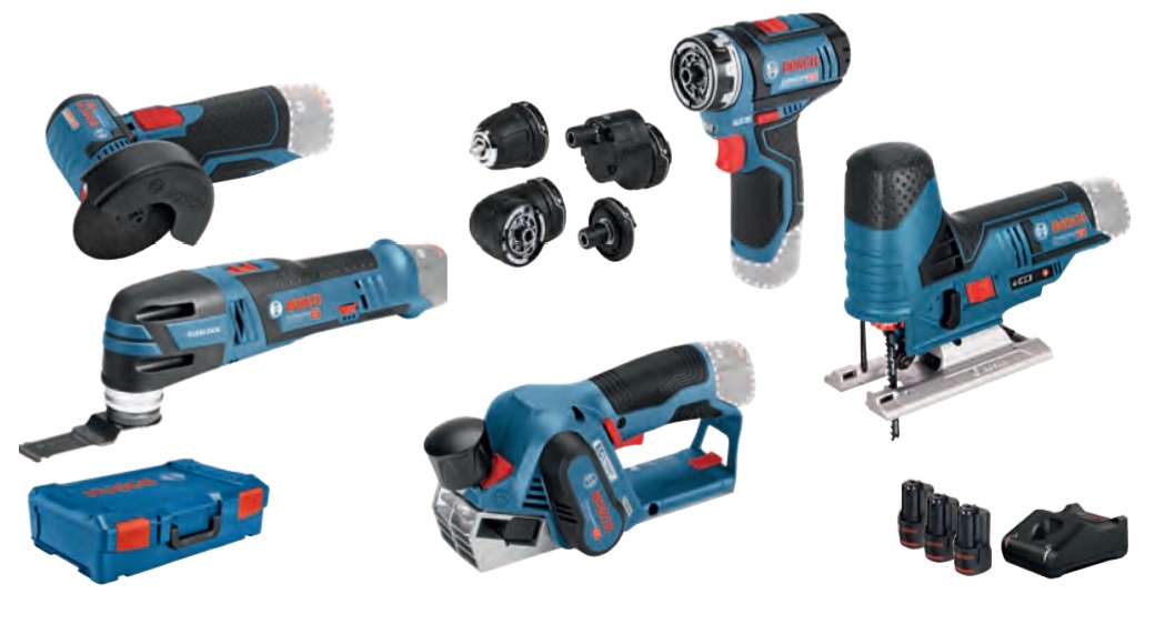 Bosch 0 615 A00 17D Set di Utensili Elettrici 12V: Trapano-Avvitatore GSR 12V-15 FC, Smerigliatrice GWS 12V-76, Pialla GHO 12V-20, Utensile GOP e Sega GST 12V-70