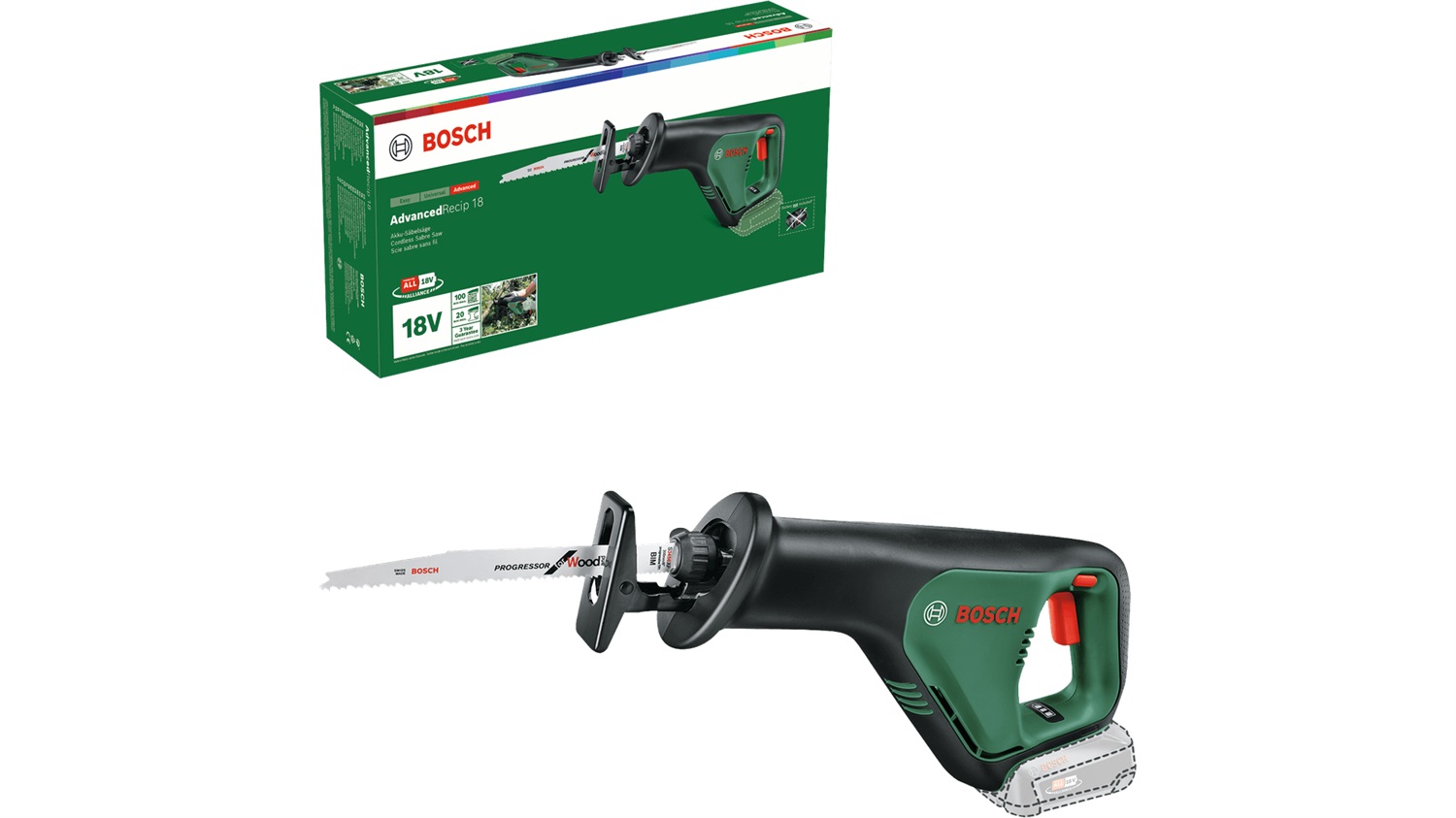 Bosch AdvancedRecip 18 Sega Universale a Batteria 18V - Ergonomica, con Sistema SDS, Nero e Verde