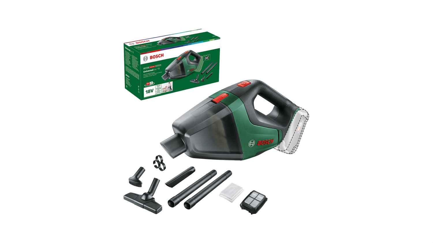 Bosch UniversalVac 18 Aspirapolvere a bastone 2 in 1 Senza sacchetto Batteria (senza batteria inclusa) con accessori