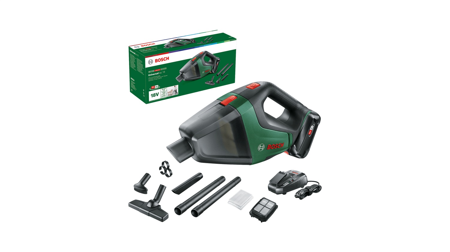 Bosch Universal VAC 18 Aspirapolvere a bastone 2 in 1 Batteria 2.5 Ah Senza sacchetto Verde e Nero - Potenza e Versatilità