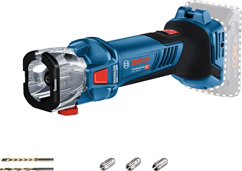 Bosch GCU 18V-30 Professional - Utensile rotativo a batteria con motore brushless 30.000 giri/min, 3 pinze, adattatore aspiratore, fresa elicoidale e punta multifunzione