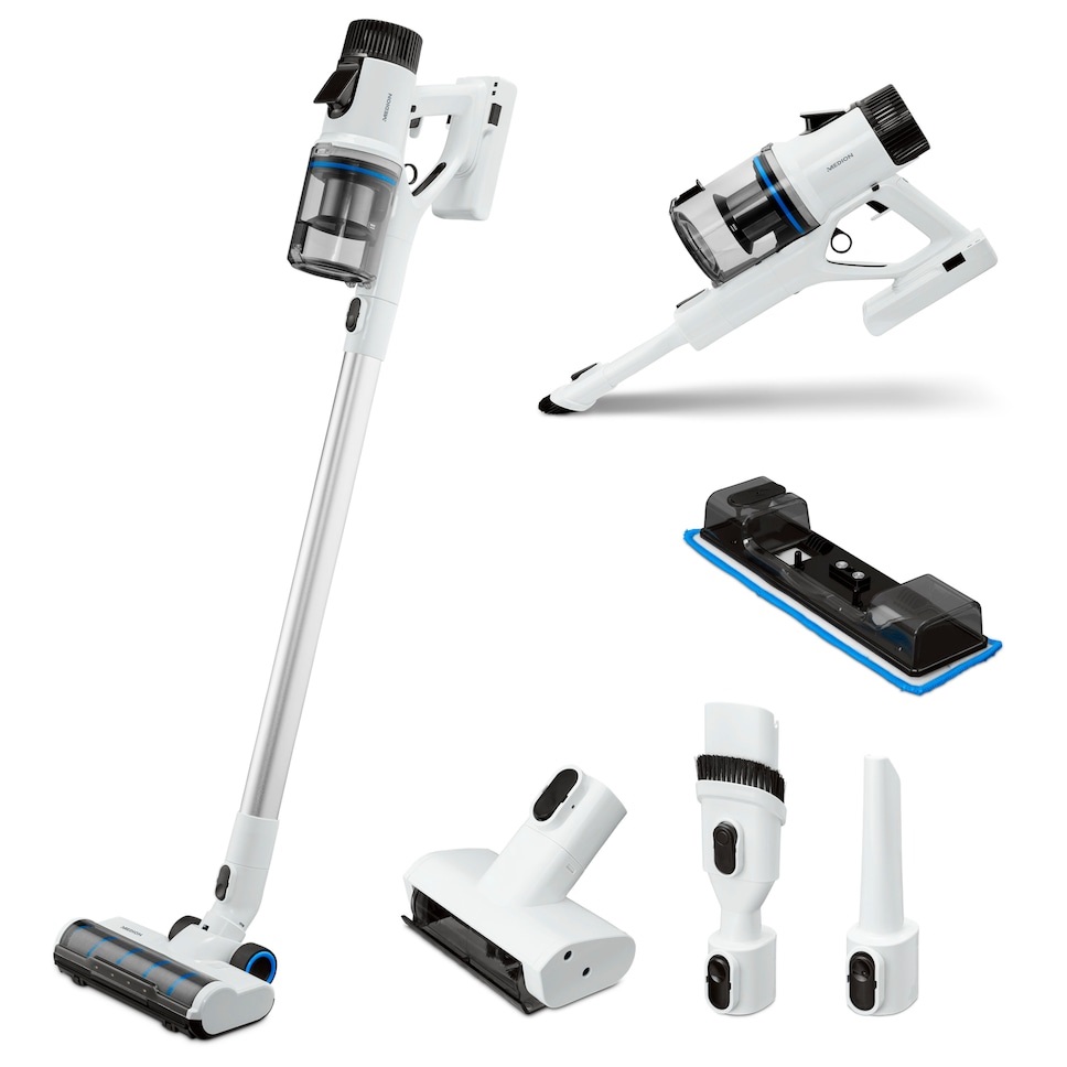 MEDION Aspirapolvere Verticale P400 W - Senza Filo, Tecnologia Ciclonica, HEPA H13, Ricaricabile, Funzione Lavapavimenti