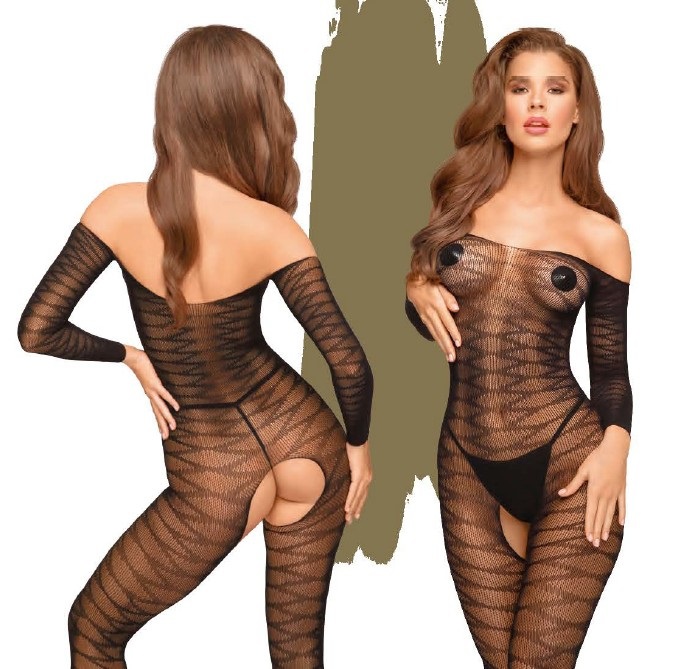 Penthouse Dreamy Diva Bodystocking Nero - Trasparente con Motivi a Zig-Zag e Apertura Intima - Taglia XL