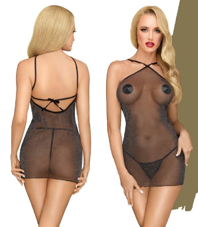 PENTHOUSE Bombshell Chemise Nero - Mini Abito Sexy con Tanga Coordinato, Tessuto Semitrasparente e Dettagli Incrociati
