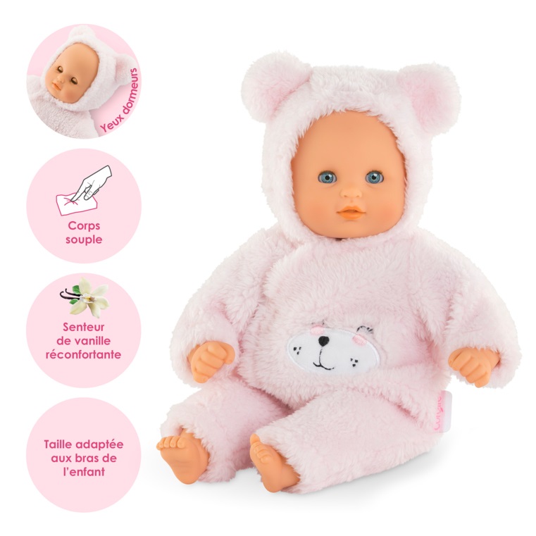 Corolle Bebè Calin Ourson d'Amour - Bambola da 30 cm con Pelliccia Rosa da Orsetto e Profumo di Vaniglia, 18 Mesi