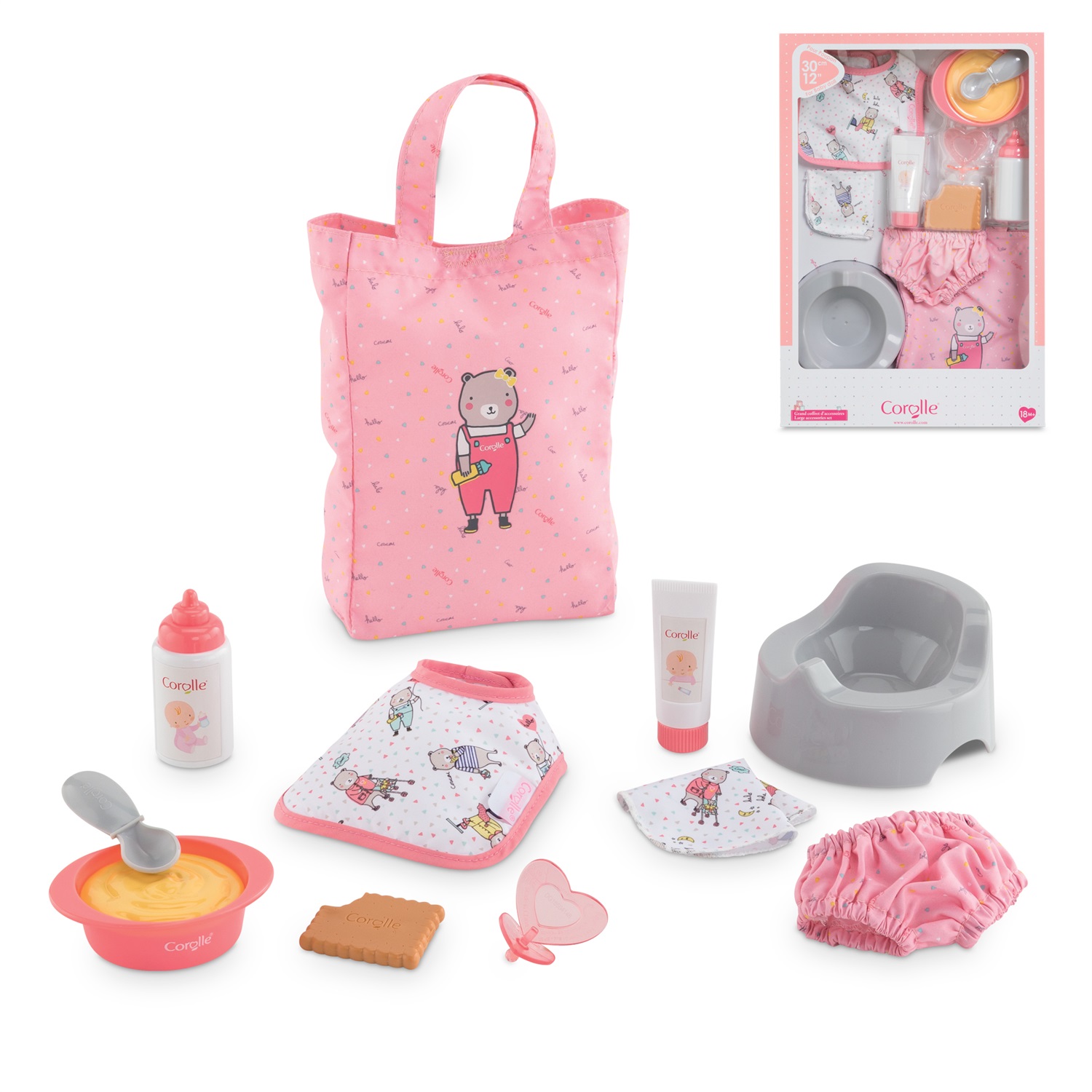 Corolle 9000110440 Mon Premier Poupon - Set di accessori per bambole da 30 cm, 11 pezzi con custodia, accessori per alimentazione e cura