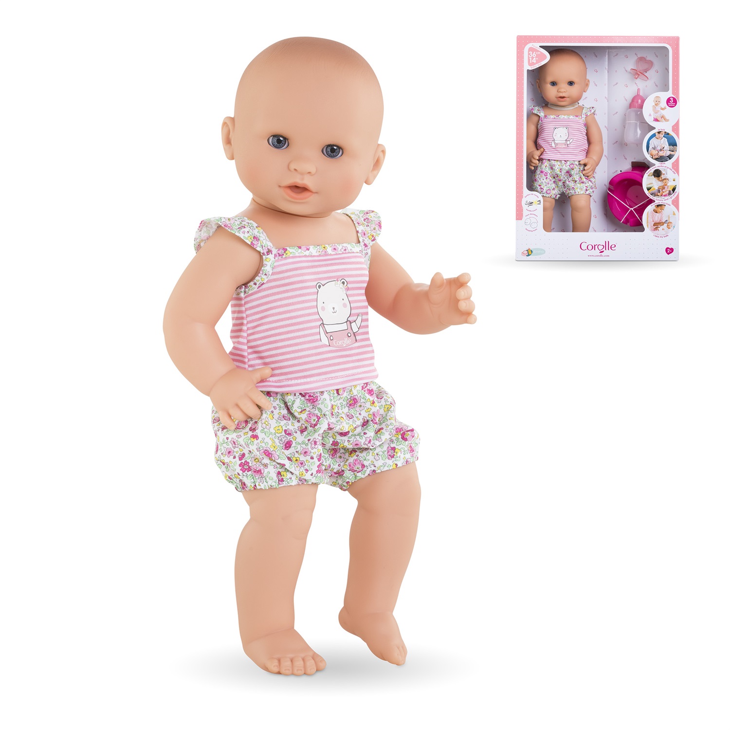 Corolle Bambola Emma con Vasino e Biberon - Corpo in Vinile, 36 cm, Occhi Sleeping, Profumo di Vaniglia