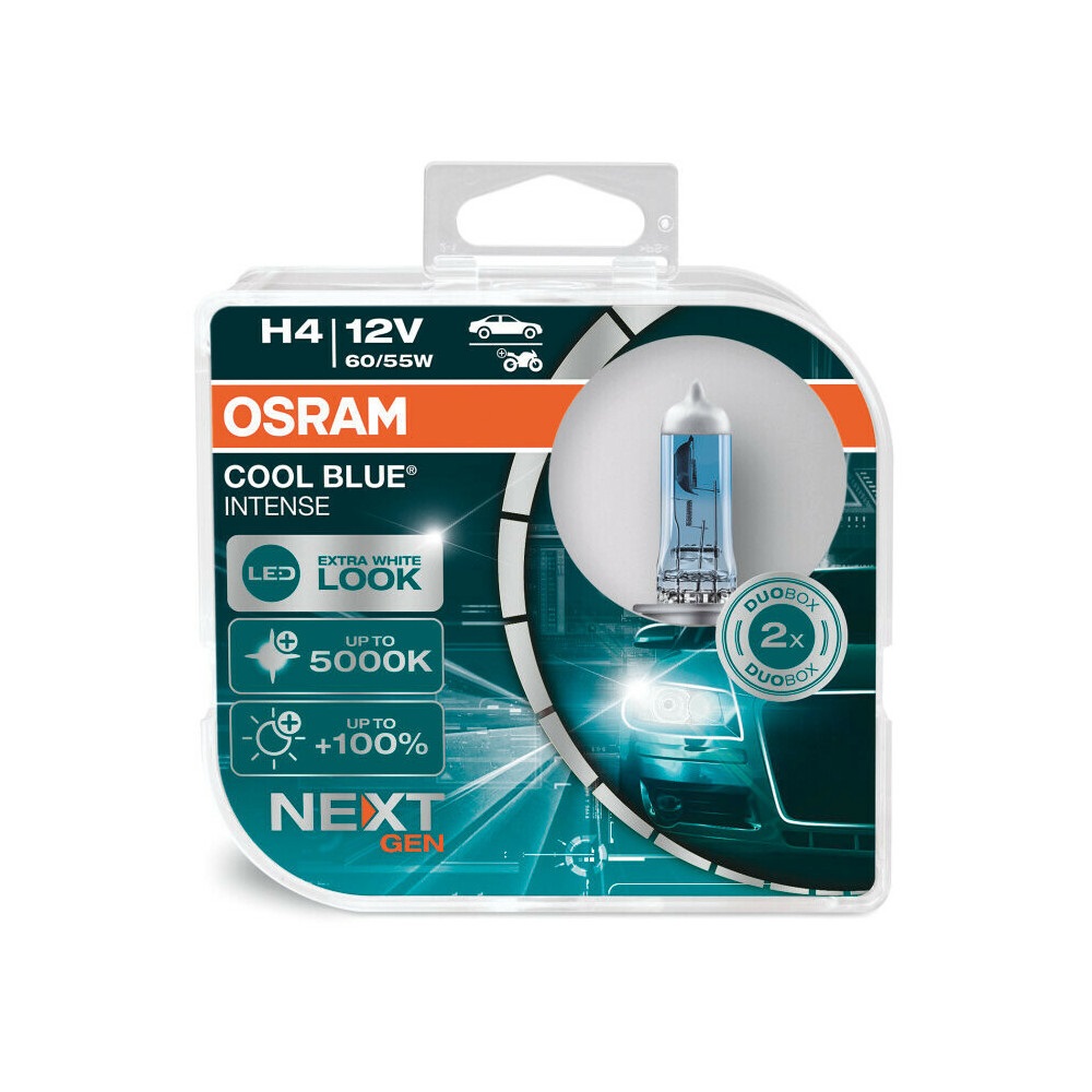OSRAM H4 Cool Blue Intense NextGen - Lampadina alogena 60/55W 12V, fino a 5000K, 2 Pezzi, 100% luminosa, look LED