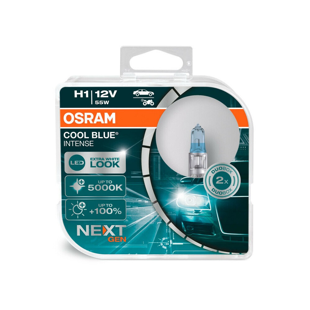 OSRAM Cool Blue Intense H1 Lampadina Alogena 55W 12V P14.5s - Set da 2 pezzi, Luce Fino a 5000K