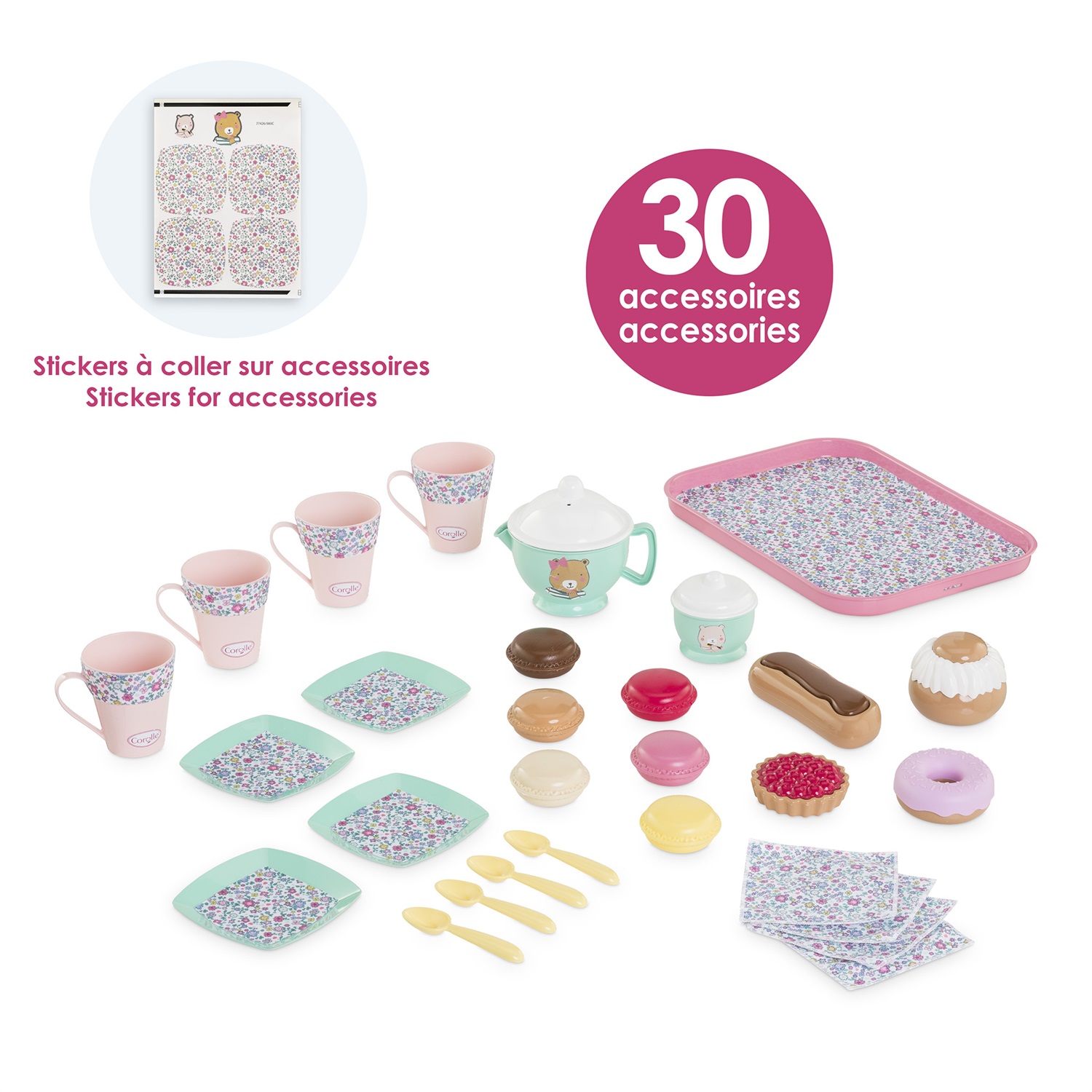 Corolle - Set da Tè e Snack per Bambole con 30 Accessori Colorati e Floreali, da 18 Mesi