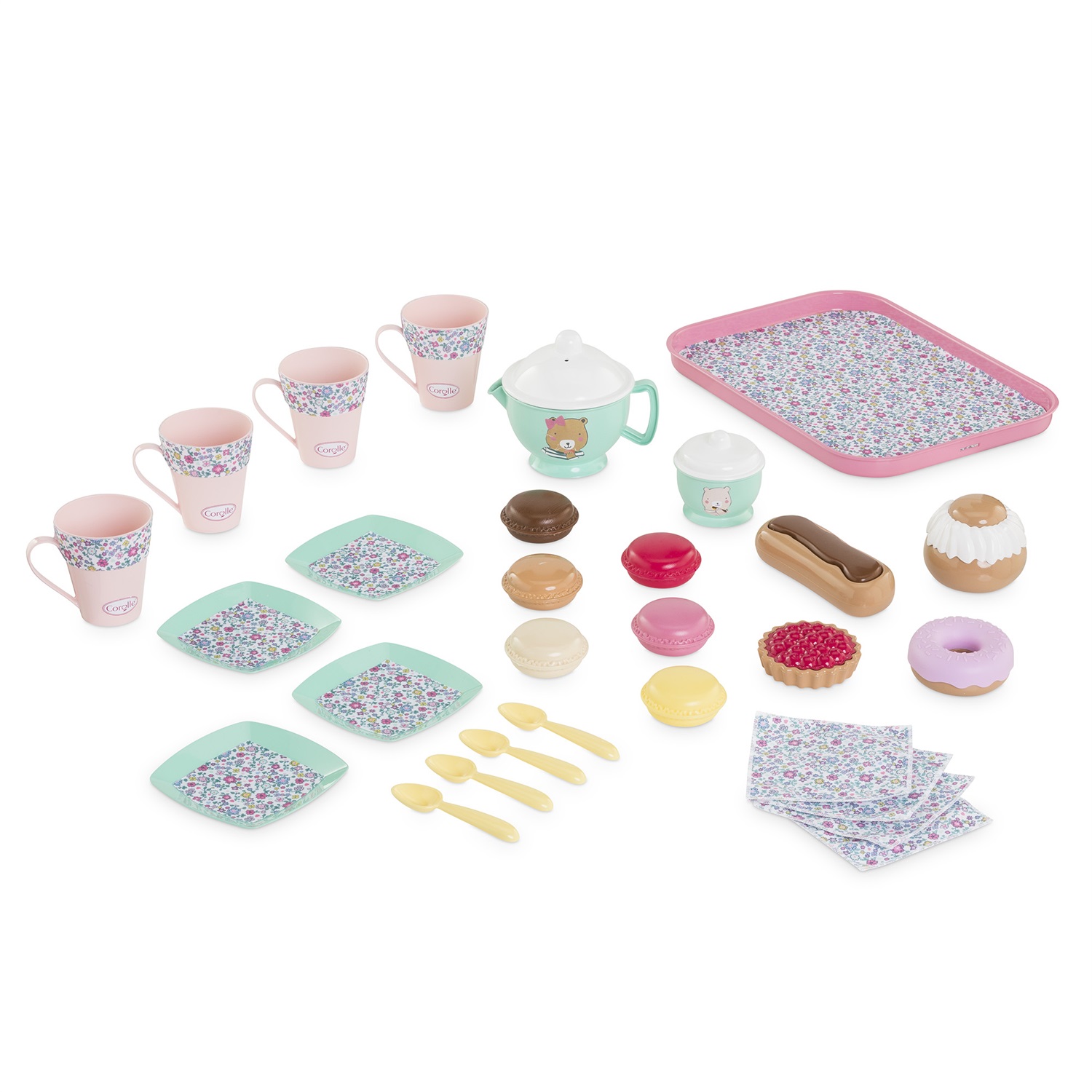 Corolle - Set da Tè e Snack per Bambole con 30 Accessori Colorati e Floreali, da 18 Mesi