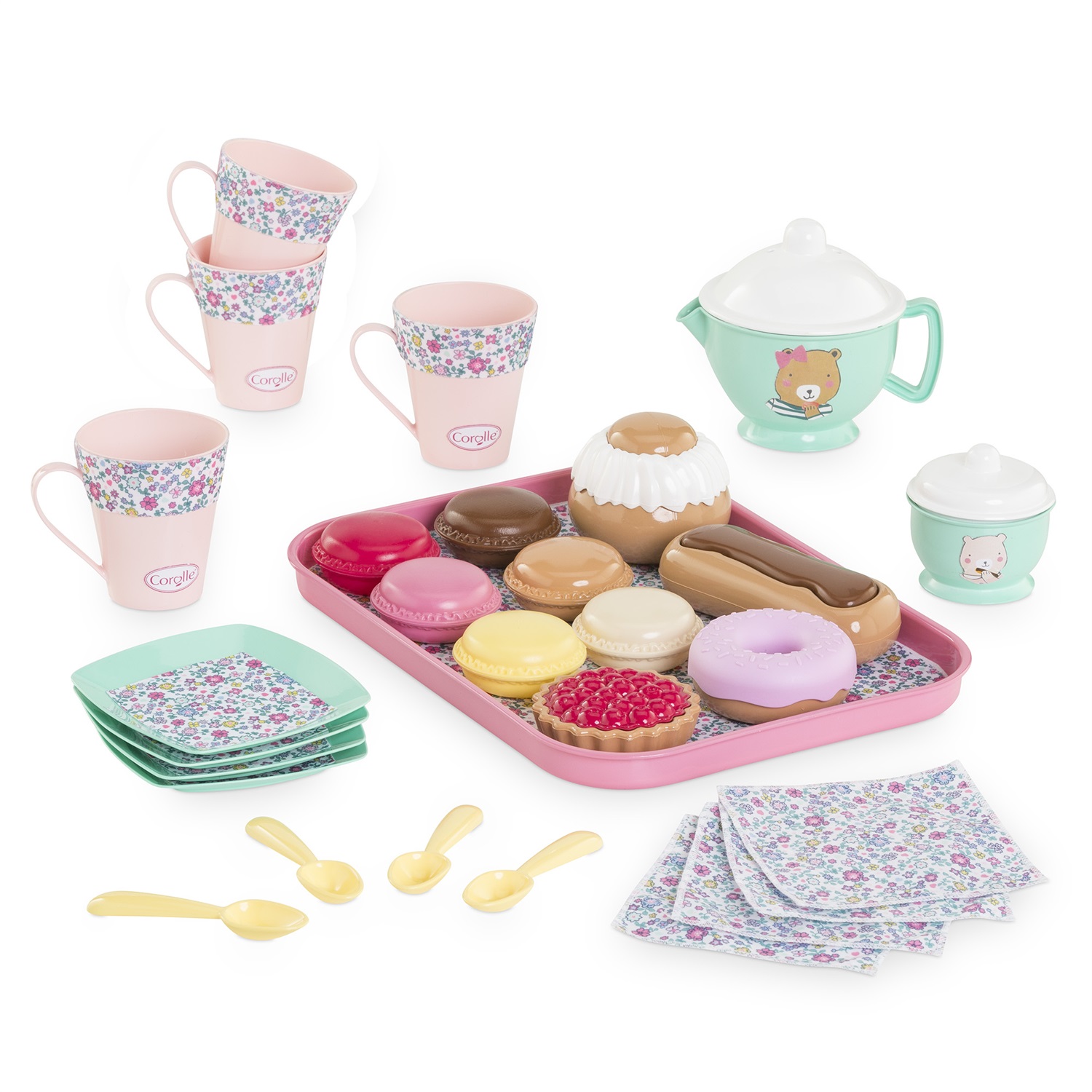 Corolle - Set da Tè e Snack per Bambole con 30 Accessori Colorati e Floreali, da 18 Mesi
