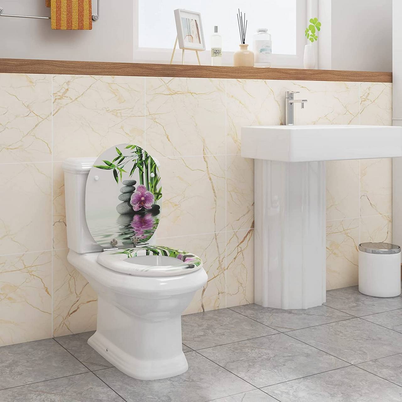 WOLTU Sedile WC Premium Soft-Close in MDF Antibatterico con Design Décor Pietre Fiori