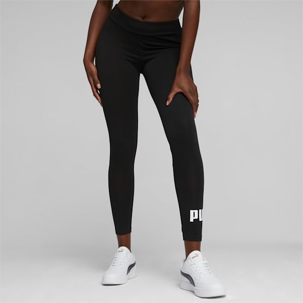 PUMA ESS Logo Leggings - Nero/Bianco, Vestibilità Aderente, Girovita Elastico, Logo Gommato