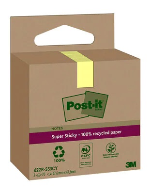 Post-it Super Sticky Green - Foglietti Autoadesivi Giallo Canary - 70 Fogli per Blocchetto - 47,6 mm x 47,6 mm - Confezione da 3 Blocchetti - Carta Riciclata
