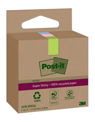 Post-it SuperSticky Green - 622R-SS3COL - 47,6 x 47,6 mm - 70 Fogli in Carta Riciclata - Colori Pastello Assortiti - Confezione da 3 Blocchi
