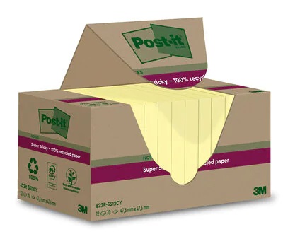 Post-it Super Sticky Green - Foglietti Autoadesivi Giallo Canary, 70 Fogli per Blocchetto, 47.6 mm x 47.6 mm, Confezione da 12 Blocchetti in Carta Riciclata