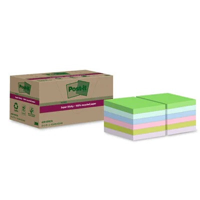 Post-it Super Sticky Foglietti Assortiti - 70 Fogli per Blocchetto, 47.6 mm x 47.6 mm, Carta Riciclata, Confezione da 12 Blocchetti