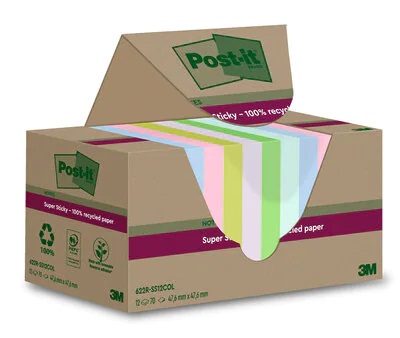 Post-it Super Sticky Foglietti Assortiti - 70 Fogli per Blocchetto, 47.6 mm x 47.6 mm, Carta Riciclata, Confezione da 12 Blocchetti