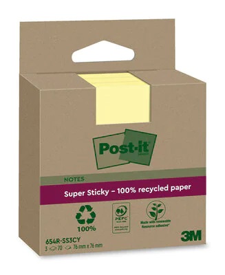 Post-it Foglietti riposizionabili Super Sticky Giallo Canary 76x76 mm - Confezione da 3 Blocchetti, 70 Fogli per Blocchetto, in Carta Riciclata al 100%