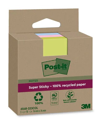 Post-it® Super Sticky Foglietti Riposizionabili Riciclati, Confezione da 3 Blocchetti, 70 Fogli per Blocchetto, 76 mm x 76 mm, Assortiti Blu, Verde, Rosa