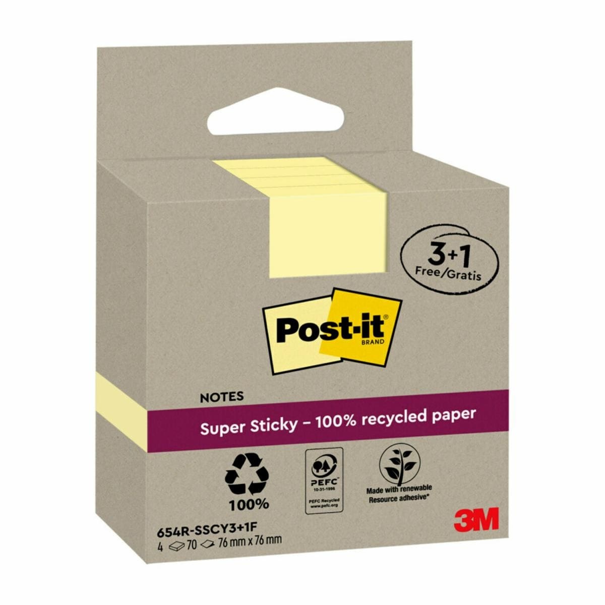 Post-it SuperSticky Green - 76 x 76 mm - Giallo Canary - 70 fogli - Carta riciclata - Confezione 4 blocchi (3 1 gratis)