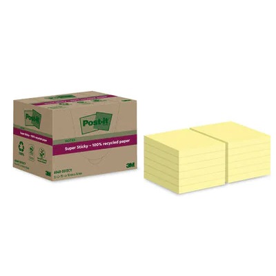 Post-it® Foglietti Super Sticky Giallo Canary 76x76 mm - Confezione da 12 Blocchetti, 70 Fogli per Blocchetto, in Carta Riciclata al 100%