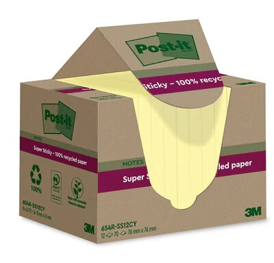 Post-it® Foglietti Super Sticky Giallo Canary 76x76 mm - Confezione da 12 Blocchetti, 70 Fogli per Blocchetto, in Carta Riciclata al 100%