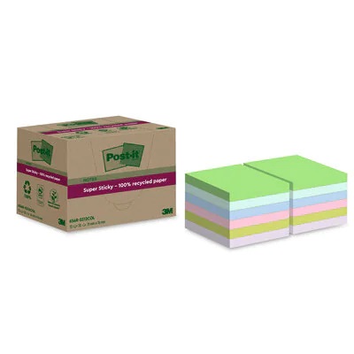 Post-it Foglietti Super Sticky Riciclati - 12 Blocchetti da 70 Fogli, 76 mm x 76 mm, Assortiti in Rosa, Verde, Blu, Viola, Giallo