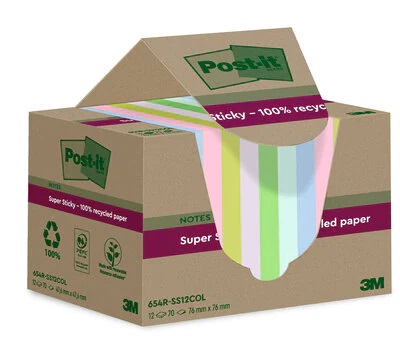 Post-it Foglietti Super Sticky Riciclati - 12 Blocchetti da 70 Fogli, 76 mm x 76 mm, Assortiti in Rosa, Verde, Blu, Viola, Giallo