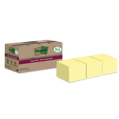 Post-it Super Sticky Foglietti Riposizionabili Giallo Canary 76x76 mm - 70 Fogli per Blocchetto, Confezione da 18 Blocchetti in Carta Riciclata