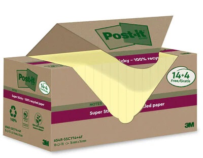 Post-it Super Sticky Foglietti Riposizionabili Giallo Canary 76x76 mm - 70 Fogli per Blocchetto, Confezione da 18 Blocchetti in Carta Riciclata