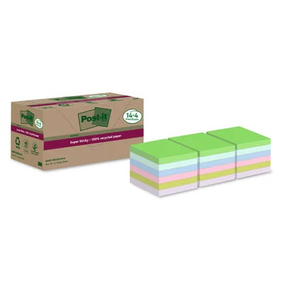 Post-it® Super Sticky Foglietti Riciclati Assortiti 76x76 mm - 70 Fogli per Blocchetto - 14 Blocchetti 4 Gratuiti - Colori: Rosa, Verde, Blu, Viola, Giallo